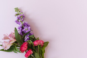 Aesthetic background with colourful rose flowers on pink background. Beautiful floral composition