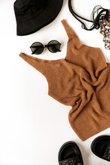 Women modern aesthetic fashion clothes and accessories. Flat lay female casual style look. Top...