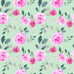 Watercolor seamless pattern. Floral design with greenery and pink roses. Seamless design for backgrounds, prints, etc.