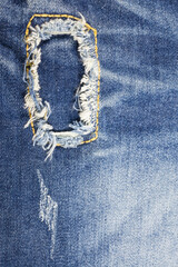 Texture  Blue jeans torn denim background.