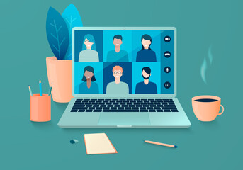 Online meeting of people using videoconference. Teleconferencing and work remotely from home or anywhere. Vector illustration.