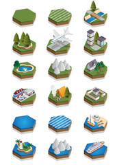 A set of elements of the modern landscape. Isolated on white background. Isometric. Vector illustration.