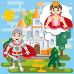The knight at the castle thinks about the princess. Background. Vector illustration.
