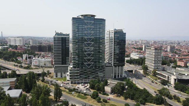 Amazing Aerial view of city of Sofia near National Palace of Culture, Bulgaria