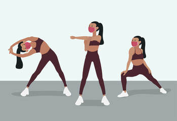 Fototapeta premium Girl with a mask doing stretching in a gym Vector