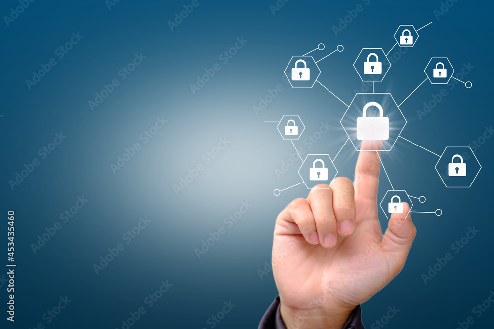 Poster data protection cyber security privacy business with hand pointing with internet technology concept,