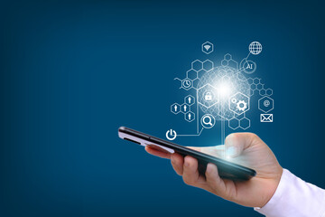 Businessman using smartphone with global network connection, Technology, innovative and communication concept