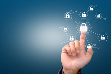 Data protection Cyber security Privacy business with hand pointing with internet Technology Concept, Futuristic cyber background with broken lock