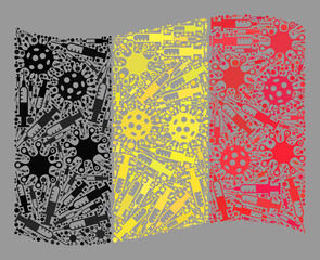 Mosaic waving Belgium flag designed of virus and needle elements. Vector virus therapy collage waving Belgium flag done for outbreak wallpapers.