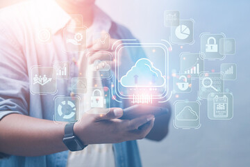 Obraz na płótnie Canvas Businessmen show business data storage systems via smartphones and cloud computing. Business Network Business Ideas Cloud Business Technology