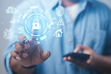 Businessman using smartphone touching internet security icon business concept and technology