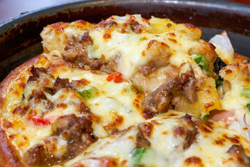 A close-up of a delicious Italian traditional cheese pizza