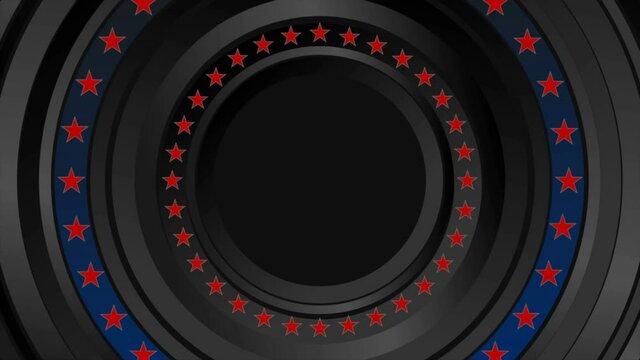 Round black concept USA flag with blue stripe and red stars. American police force sign abstract motion background. Seamless looping. Video animation Ultra HD 4K 3840x2160