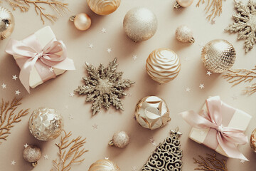 Elegant Christmas flat lay composition. Golden balls, snowflakes, gift boxes on beige background....