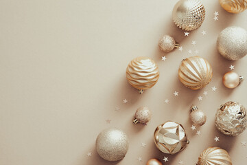 Christmas background with elegant balls decorations and confetti on beige. Xmas banner mockup, greeting card design. Flat lay, top view, copy space.