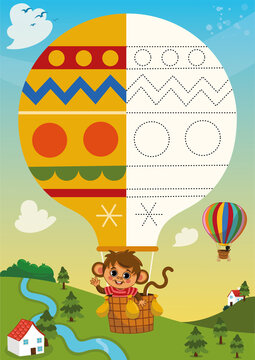 Drawing practice page for kids with air balloon and monkey character. Vector illustration.
