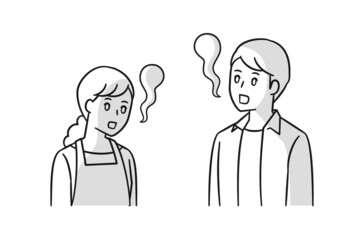 魂が抜ける夫婦の上半身カットのベクターイラスト、白黒