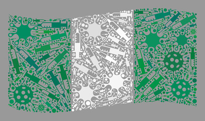 Mosaic waving Nigeria flag created with viral and syringe elements. Vector inoculation collage waving Nigeria flag created for epidemic projects.