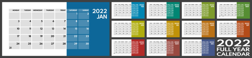 2022 full year monthly office planner or wall calendar horizontal grid layout, monday first, two weekends, each month on separated page, ready for print