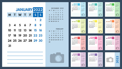 2022 monthly colorful business or personal planner vector template, monday first, two weekends - obrazy, fototapety, plakaty