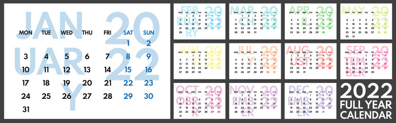 2022 wall or desk office calendar vector template, colorful grids, monday first, two weekends