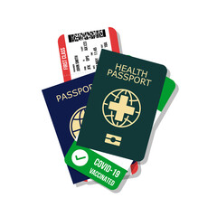 blue cover national passport with boarding pass and health passport with covid-19 vaccination confirmation card, flat style vector illustration