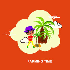 Farming time with young kid holding shovel and doing farming flat concept design