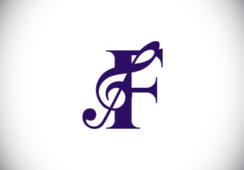 Initial F monogram alphabet with a musical note. Symphony or melody signs. Musical sign symbol. Font emblem. Modern vector logo design template.