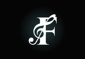 Initial F monogram alphabet with a musical note. Symphony or melody signs. Musical sign symbol. Font emblem. Modern vector logo design template.