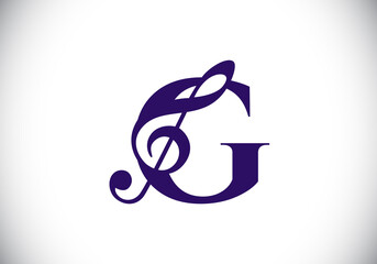 Initial G monogram alphabet with a musical note. Symphony or melody signs. Musical sign symbol. Font emblem. Modern vector logo design template.