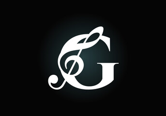 Initial G monogram alphabet with a musical note. Symphony or melody signs. Musical sign symbol. Font emblem. Modern vector logo design template.