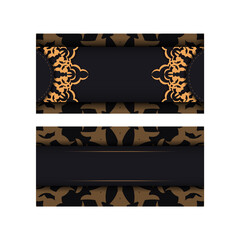 Rectangular postcard design in black with luxurious patterns. Vector invitation card with place for your text and vintage ornament.