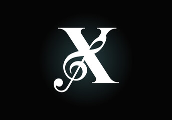 Initial X monogram alphabet with a musical note. Symphony or melody signs. Musical sign symbol. Font emblem. Modern vector logo design template.