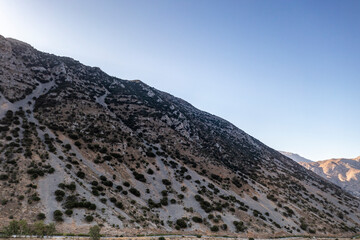 panoramic view of the Greek landscape with mountains and sea of Crete island filmed from a drone