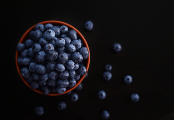 Blueberries in orange bowl on a dark background. Top view, free space for text.
