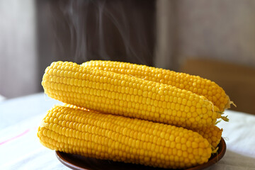 Four freshly brewed sweet corn on a plate. Steam comes from yellow  hot corn.