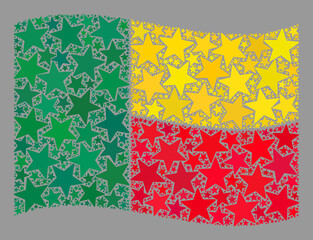 Mosaic waving Benin flag designed of star elements. Vector starred collage waving Benin flag combined for carnival projects. Benin flag collage is made with random stars.