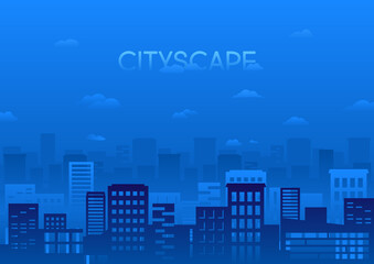 Horizontal urban blue background with sky and silhouettes of buildings. Vector illustration.