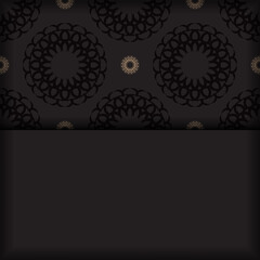 Square postcard design in black color with luxurious patterns. Vector invitation card with place for your text and vintage ornament.