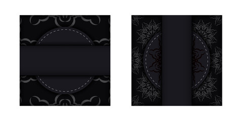 Square Template for print design postcard in black color with luxury ornaments. Preparing an invitation with a place for your text and vintage patterns.