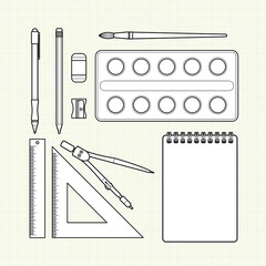 Stationery school supplies. Vector sketches.