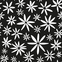 Ditsy daisy seamless repeat pattern. Random placed, vector flowers all over surface print on black background.