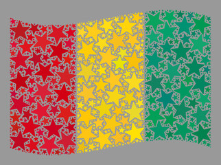 Mosaic waving Guinea flag designed of star elements. Vector starred mosaic waving Guinea flag combined for feast propaganda. Guinea flag collage is composed of random stars.