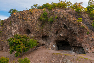 Aerial photo about hermit caves in Danube bend. Fantastic ancient cave in Borzsony mountains...