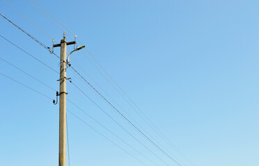 Power electric pole with line wire on colored background close up - obrazy, fototapety, plakaty
