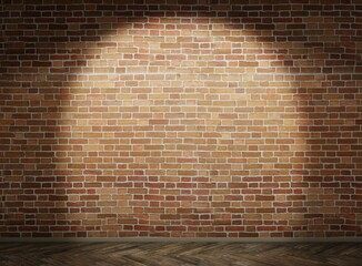 Brick wall with spotlight. Wooden floor. Template for object presentation. Stand-up stage. 3D rendering. - obrazy, fototapety, plakaty