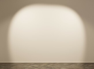 Empty room with a spotlight on a white wall. Wooden floor. 3D rendering.