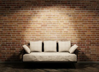 White couch in a spotlight in a front of brick wall. Wooden floor. 3D rendering.