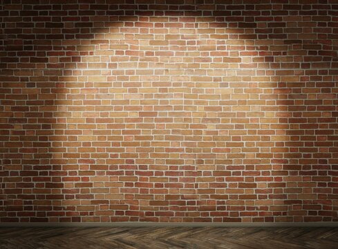 Brick wall with spotlight. Wooden floor. Template for object presentation. Stand-up stage. 3D rendering.