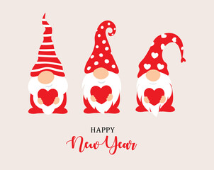 Happy New Year 2022 characters design. Garden gnomes and red heart in hand, christmass characters for decoration of xmas holidays, new year banner, calendar cover, greeting card. Vector illustration